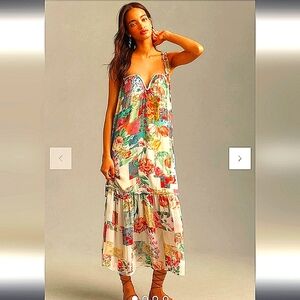 Anthropologie Chiffon floral Shift flowy Midi Dress sleeveless pink green Small